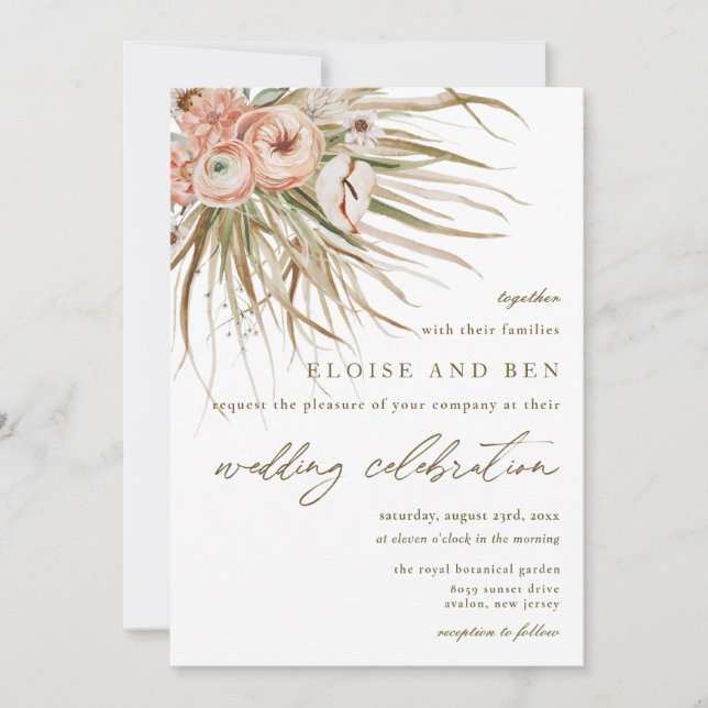 Boho Rustic Pampas Grass Peach Floral Wedding Einladung (Vorderseite)