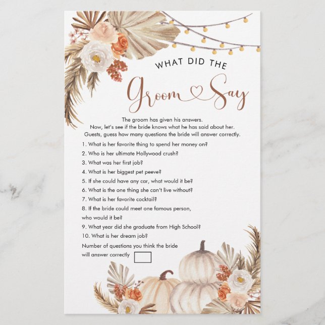 Boho Rustic Pumpkin Fall Liebe Groom Say Game (Vorderseite)