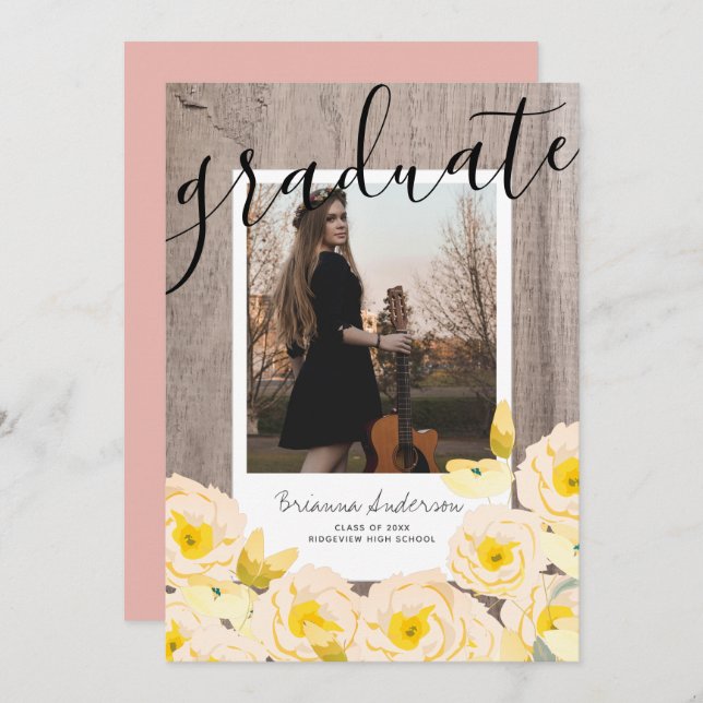 Boho Rustic Rose Floral Wood Foto Abschluss Einladung (Vorne/Hinten)