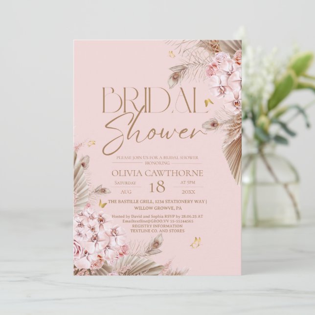 Boho Rustic Rose Pink Brautparty-Einladung Einladung (Stehend Vorderseite)