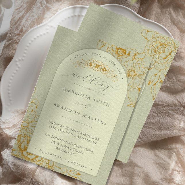 Boho Rustic Sage Green Floral Arch Hochzeit Einladung (An elegant boho sage green wedding invitation with an arch and gold flower outlines)
