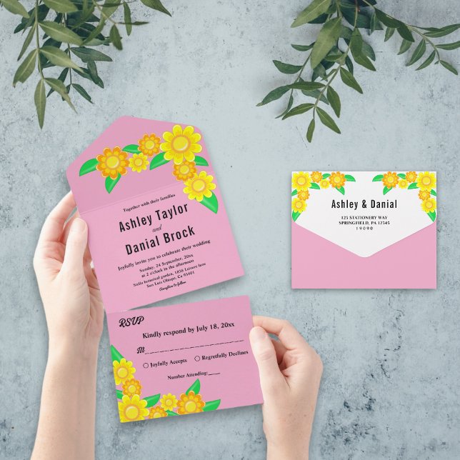 Boho Rustic Sonnenblume Blush Sommerblumenhochzeit All In One Einladung (Von Creator hochgeladen)