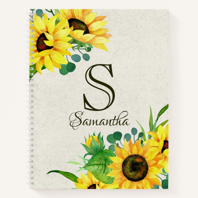 Boho Rustic Sunflowers Monogram Notizbuch (Vorderseite)