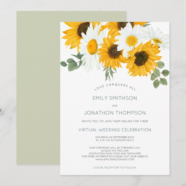 Boho Rustic Sunflowers Verlasse Virtual Wedding Einladung (Vorne/Hinten)