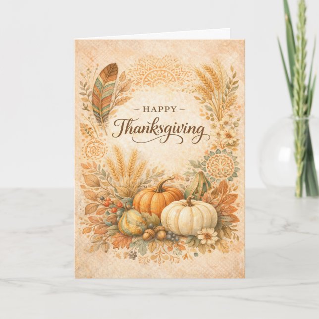 Boho-Rustic-Thanksgiving-Kürbisernte  Karte (Vorderseite)