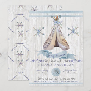 Boho Rustic Tipi & Arrows Blue Boy Baby Dusche Einladung