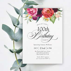 Boho Rustic Watercolor Floral 100. Geburtstagspart Einladung