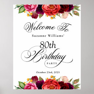 Boho Rustic Watercolor Floral 80. Geburtstagsparty Poster