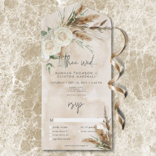 Boho Rustic White Roses & Pampas Hochzeitsessen All In One Einladung