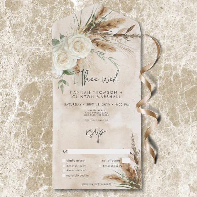 Boho Rustic White Roses & Pampas Hochzeitsessen All In One Einladung (Boho Rustic White Roses & Pampas Wedding Dinner All In One Invitation)