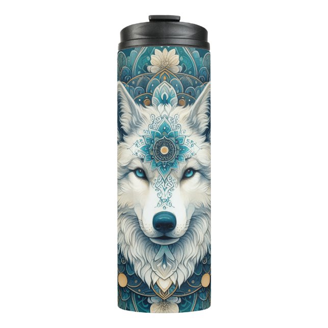 Boho Rustic White Wolf Mandala Thermosbecher (Vorderseite)
