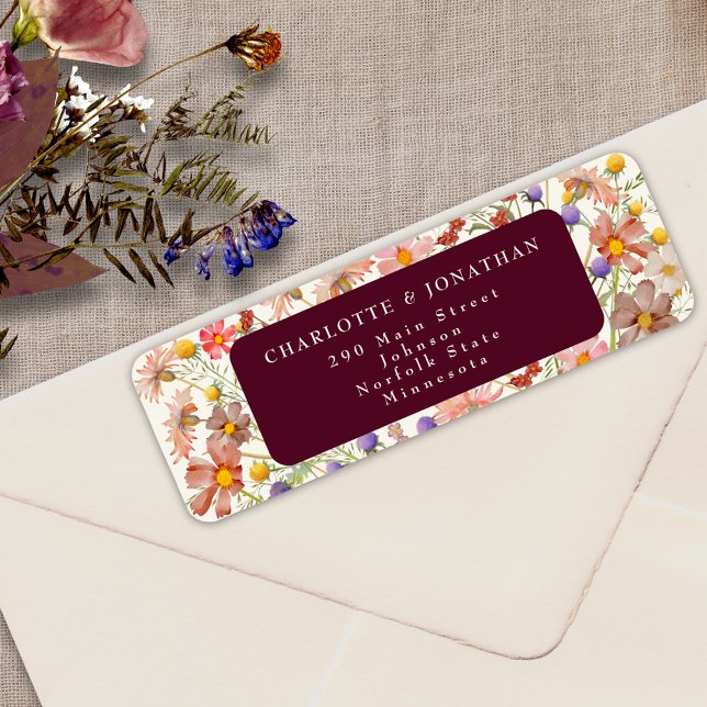 Boho Rustic Wildblume Floral Burgundy Wedding (Boho fall rustic wildflower floral burgundy burnt orange ivory cream wedding return address label )