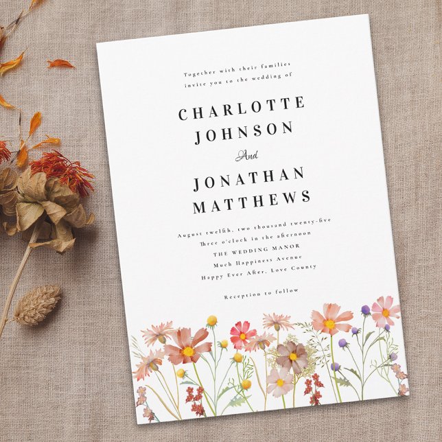 Boho Rustic Wildblume Floral Einladung (Boho rustic Wildflower floral Wedding invitation Watercolor flowers elegant modern typography script)