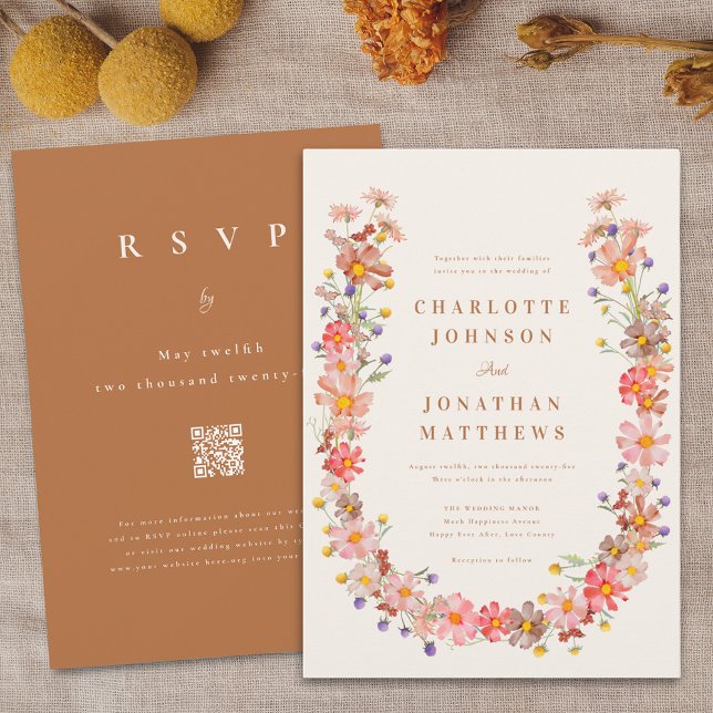Boho Rustic Wildblume Hochzeit im Herbst Einladung (Brown fall boho rustic wildflower wreath wedding invitation Watercolor autumn floral )