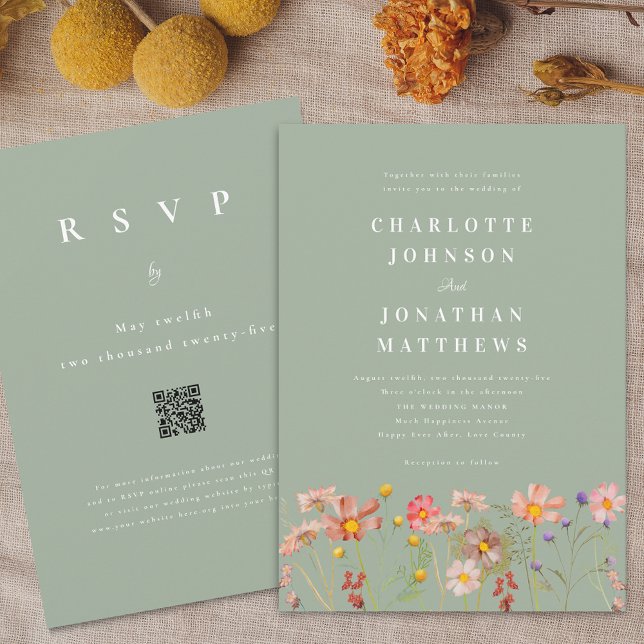Boho Rustic Wildblume Sage Green Wedding Einladung (Boho fall Wildflower floral sage green Wedding qr code invitation Watercolor flowers outdoor meadow)