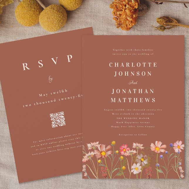 Boho Rustic Wildblume Terracotta Beige Hochzeit Einladung (Boho wildflower rustic burnt orange terracotta fall wedding invitation with qr code)