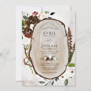 Boho Rustic Wood & Floral Burgund Rose Hochzeit Einladung