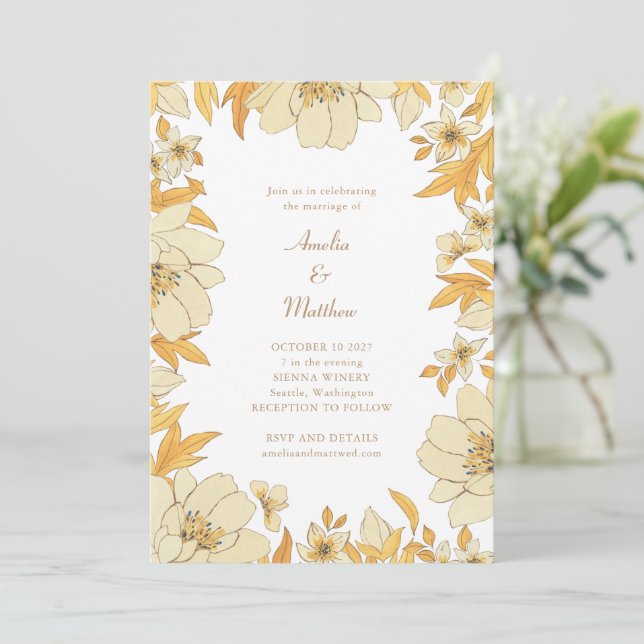 Boho Rustic Yellow Floral Border Wedding Einladung (Stehend Vorderseite)