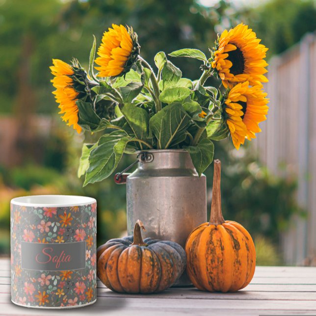 Boho rustikal-orange Blume Aquarellmuster grau Kaffeetasse (Von Creator hochgeladen)