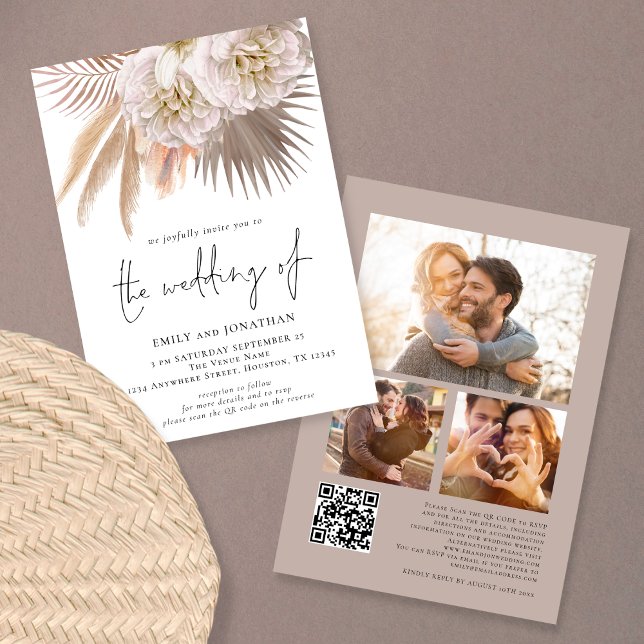 Boho Rustikal Pampas Schrift QR 3 Foto Hochzeit Einladung (Von Creator hochgeladen)