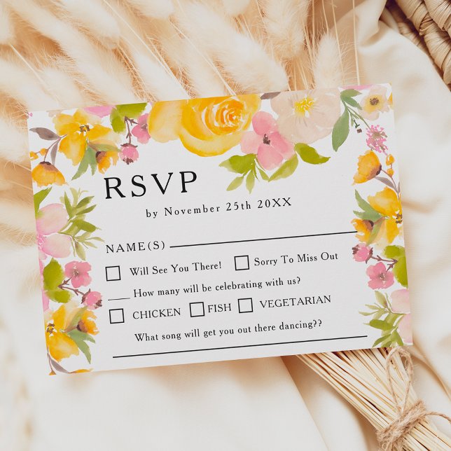 Boho rustikale, gelbe Blume chic Wedding RSVP Karte (Boho rustic yellow wild flowers chic Wedding RSVP)