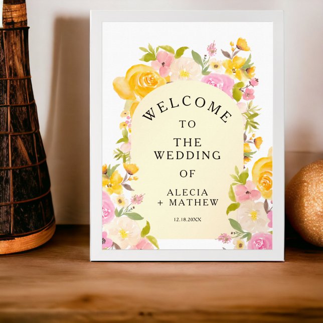 Boho Rustikale Wiese Gelb Rosa Hochzeit Willkommen Poster (Boho rustic meadow yellow pink Wedding Welcome Poster)