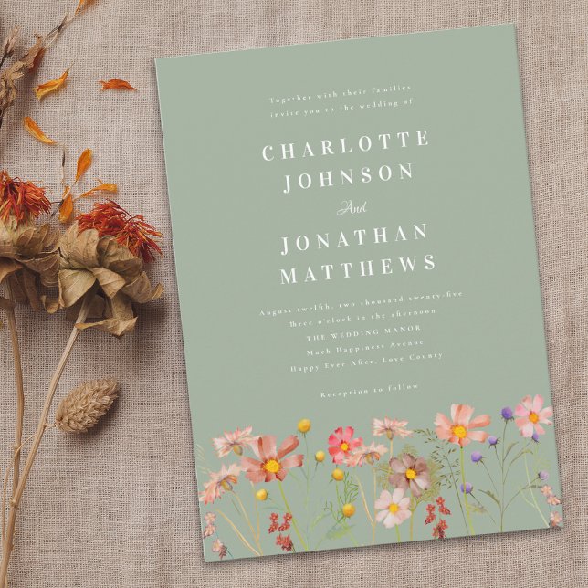 Boho Rustikale Wildblume Floral Sage Green Einladung (Boho rustic Wildflower floral sage green Wedding invitation Modern elegant with watercolor flowers)