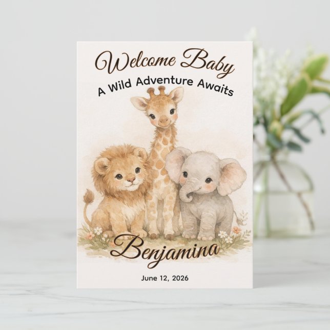 Boho Safari Animals Earthy Neutral Shower Party Einladung (Stehend Vorderseite)
