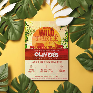 Boho Safari Animals Young Wild & Three Birthday Einladung
