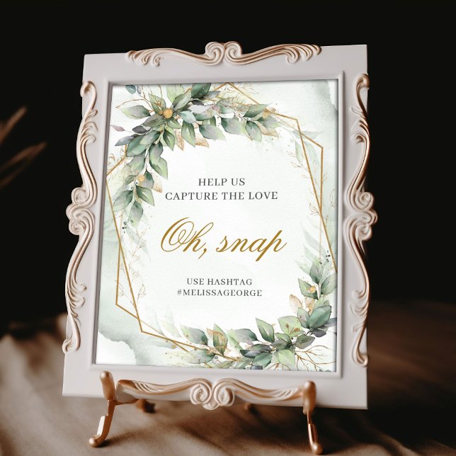 Boho sage eucalyptus verlasst Gold Glitzer Oh Snap Poster (Boho sage eucalyptus leaves gold glitter oh, snap hashtag wedding tabletop sign )