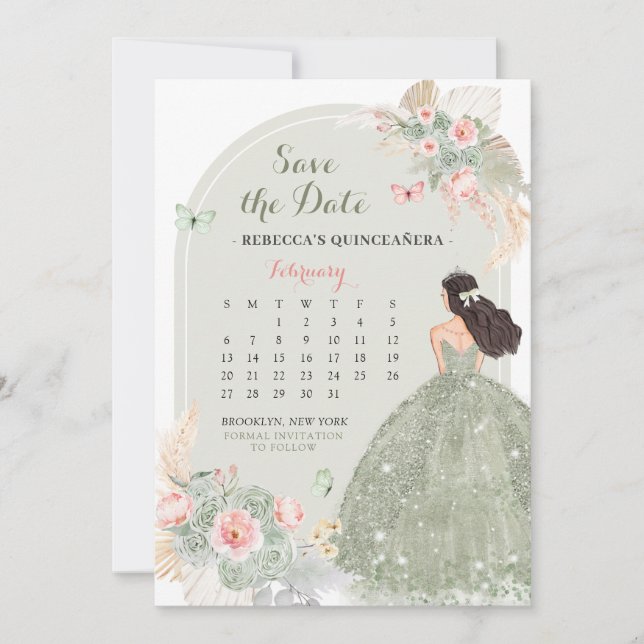 Boho Sage Green 15 Años Save the Date Kalender Einladung (Vorderseite)