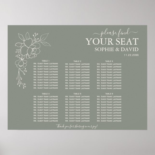Boho Sage Green 6 Table Wedding Chart Poster (Vorne)