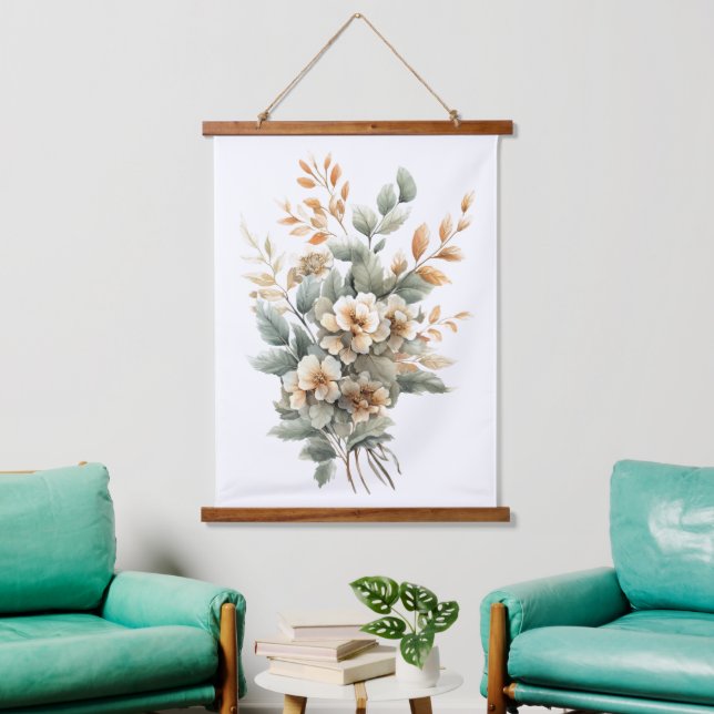 Boho Sage Green Beige Terracotta Botanical Floral Wandteppich Mit Holzrahmen (Wohnzimmer)