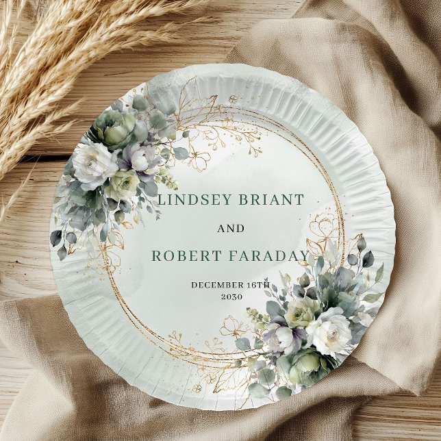 Boho Sage Green Benutzerdefinierter Name Grünzeug  Pappteller (Boho Sage Green Custom Name Greenery Wedding Plates)