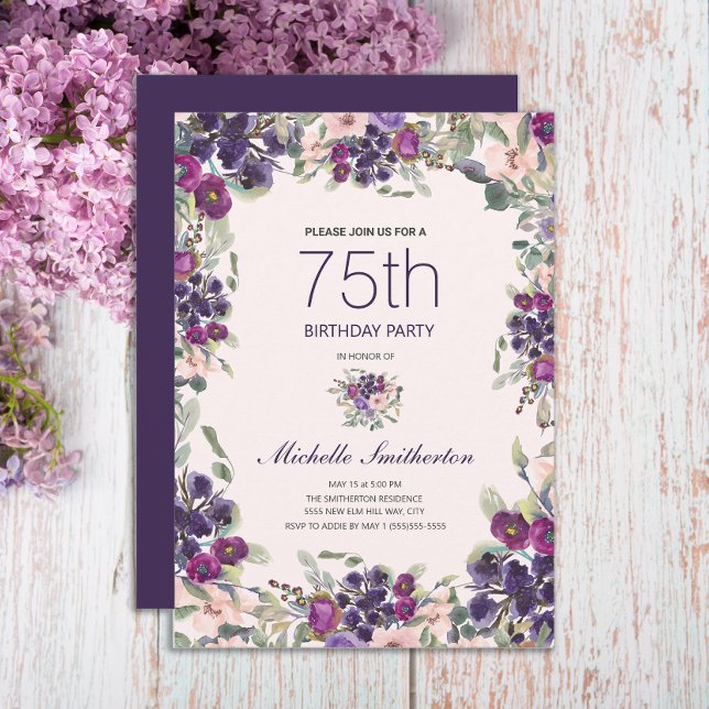 Boho Sage Green Blätter Lila Pink Floral 75. Einladung (Elegant purple and pink watercolor floral 75th birthday party invitation)