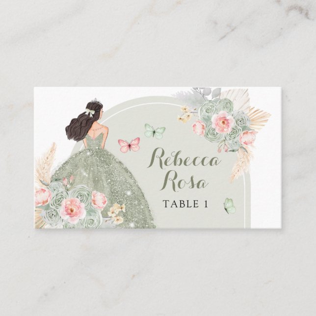 Boho Sage Green Blush Pink Quinceañera Platzkarte (Vorderseite)
