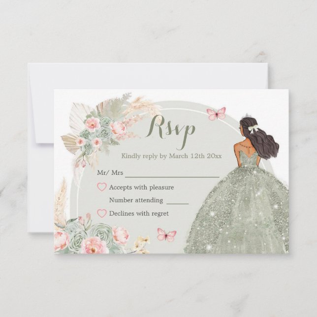 Boho Sage Green Blush Pink Quinceañera RSVP Karte (Vorderseite)