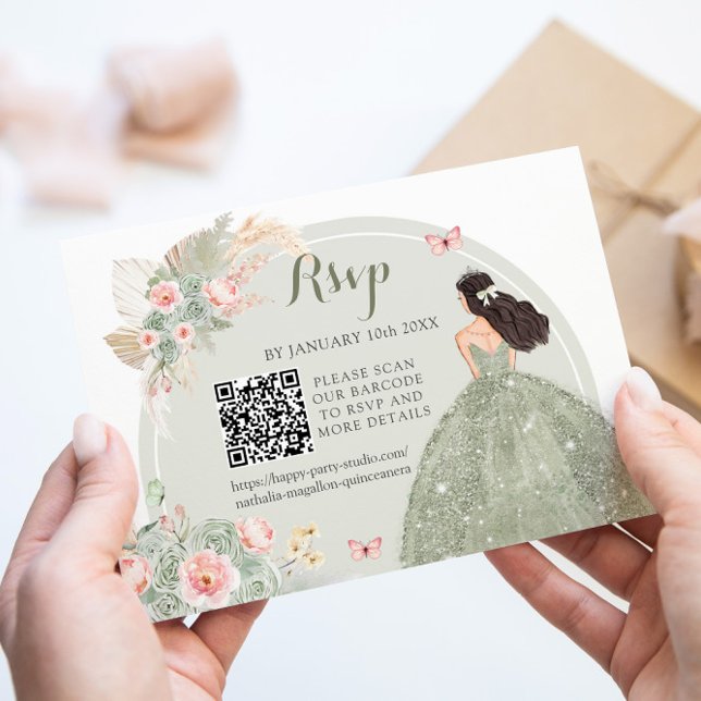 Boho Sage Green Blush Pink Royal Quinceañera QR RSVP Karte (Von Creator hochgeladen)