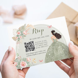 Boho Sage Green Blush Pink Royal Quinceañera QR RSVP Karte