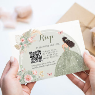 Boho Sage Green Blush Pink Royal Quinceañera QR RSVP Karte