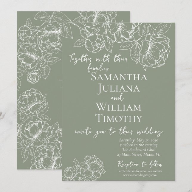 Boho Sage Green Botanical Floral Moderne Hochzeit Einladung (Vorne/Hinten)