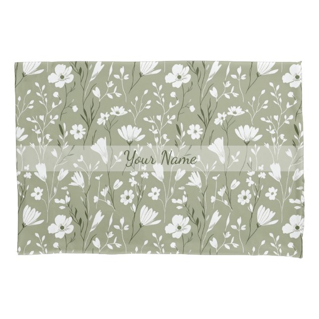 Boho Sage Green Botanical Personalized Floral  Kissenbezug (Vorderseite)