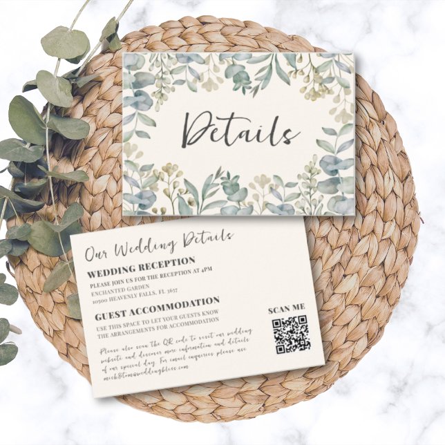 Boho Sage Green Eucalyptus QR Code Hochzeitdetails Begleitkarte (Von Creator hochgeladen)