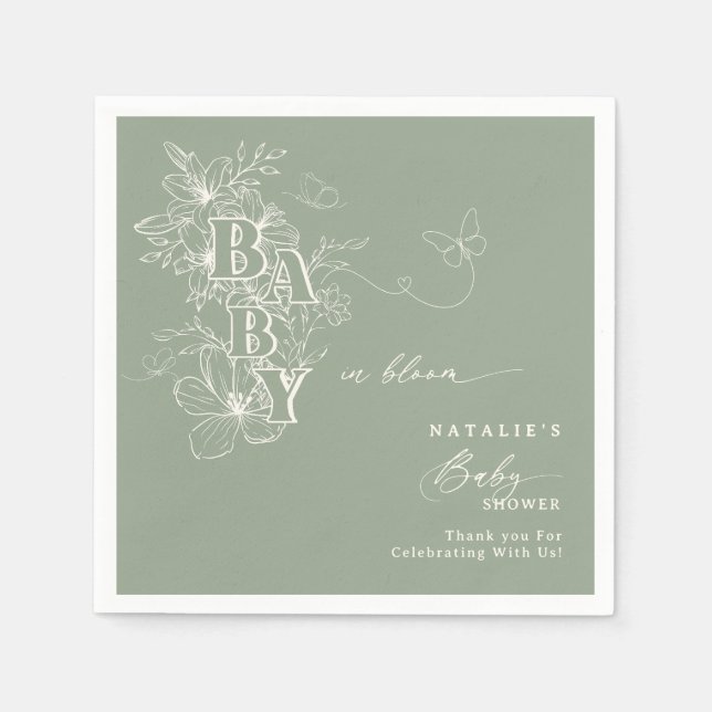 Boho Sage Green Floral Butterflies Baby in Bloom Serviette (Vorderseite)