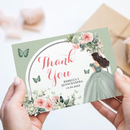 Boho Sage Green Floral Princess Quinceañera Dankeskarte