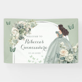 Boho Sage Green Floral Princess Quinceañera Large Banner