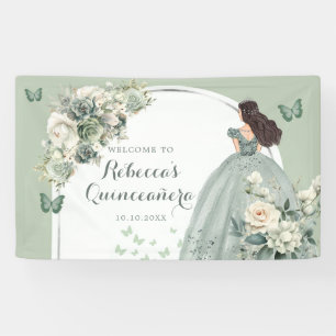 Boho Sage Green Floral Princess Quinceañera Large Banner