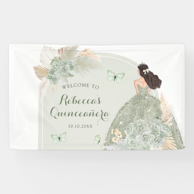 Boho Sage Green Floral Quinceañera Große Banner (Horizontal)