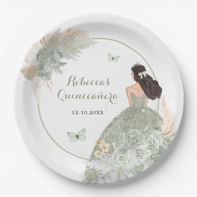 Boho Sage Green Floral Quinceañera Papierplatte Pappteller (Vorderseite)