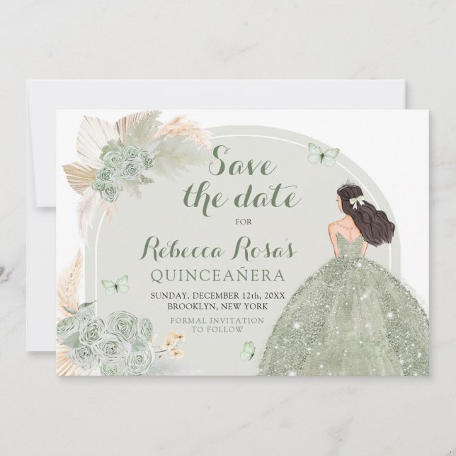 Boho Sage Green Floral Quinceañera Save the Date Einladung (Vorderseite)